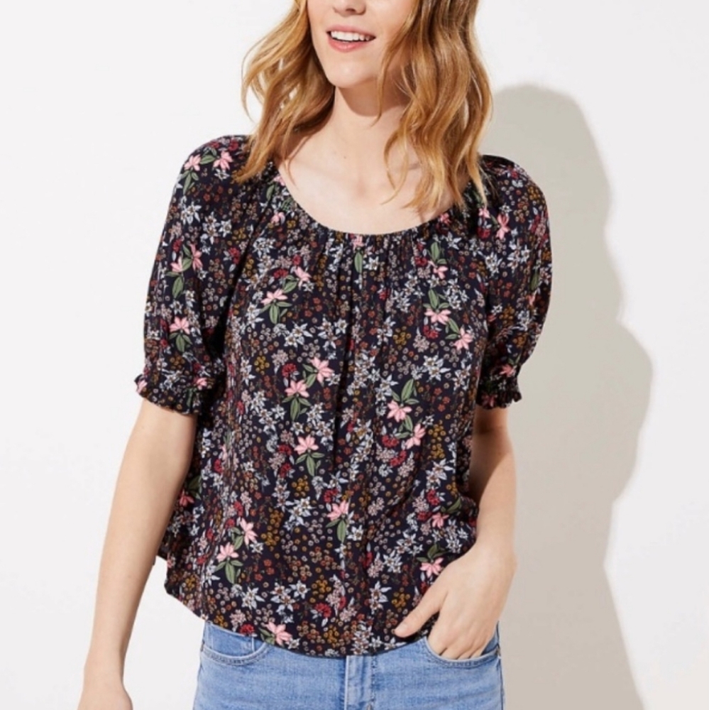 Loft Casual Office Spring Summer Floral Scoop Neck Puff Sleeves Flowy Top